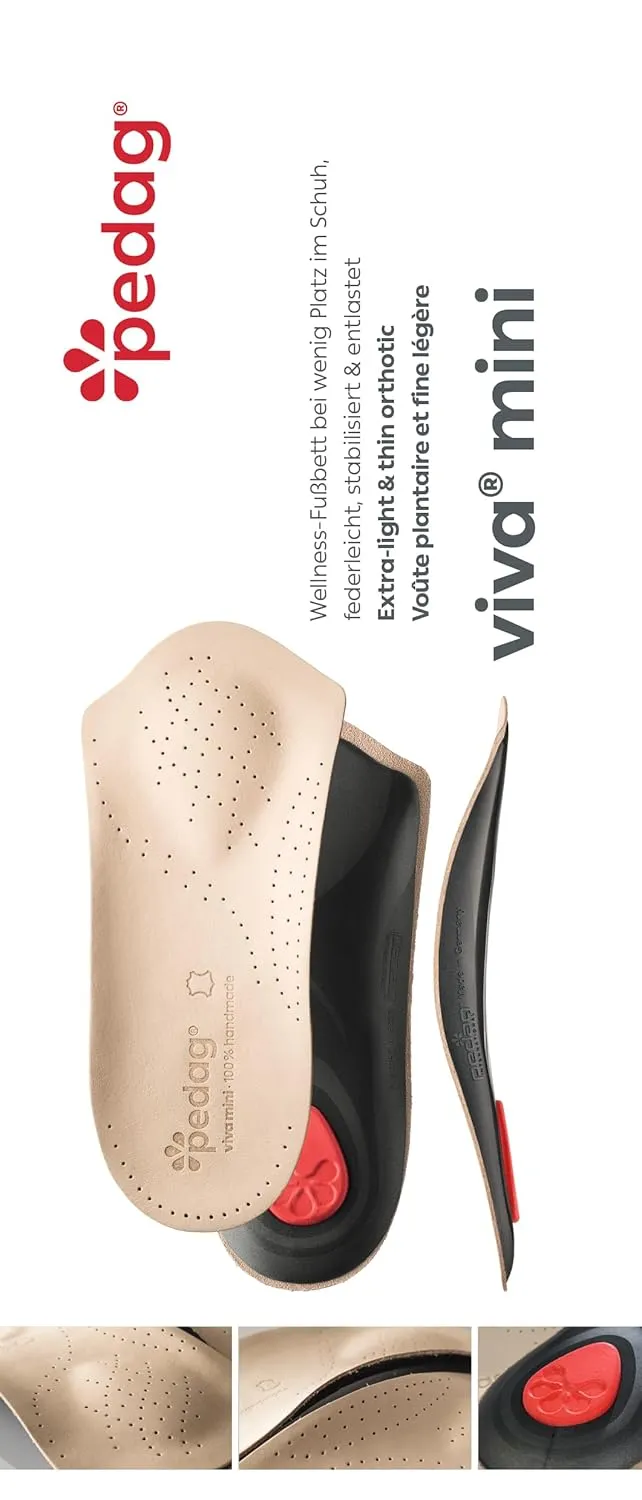pedag Viva Mini | 3/4 Leather Arch Support Inserts | Handmade in Germany | Plantar Fasciitis Relief | Heel Cushion | Metatarsal Support | Low Profile Shoe Insoles | Tan | Women US 11/ Men 8/ EU 41