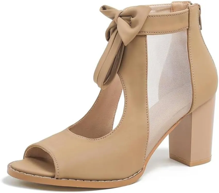 Peep Toe Chunky Block Heel Mesh Sandals Bowtie Cutout Back Zipper Sexy Ankle Boots Sandals Comfortable Dressy Date Business Party Shoes