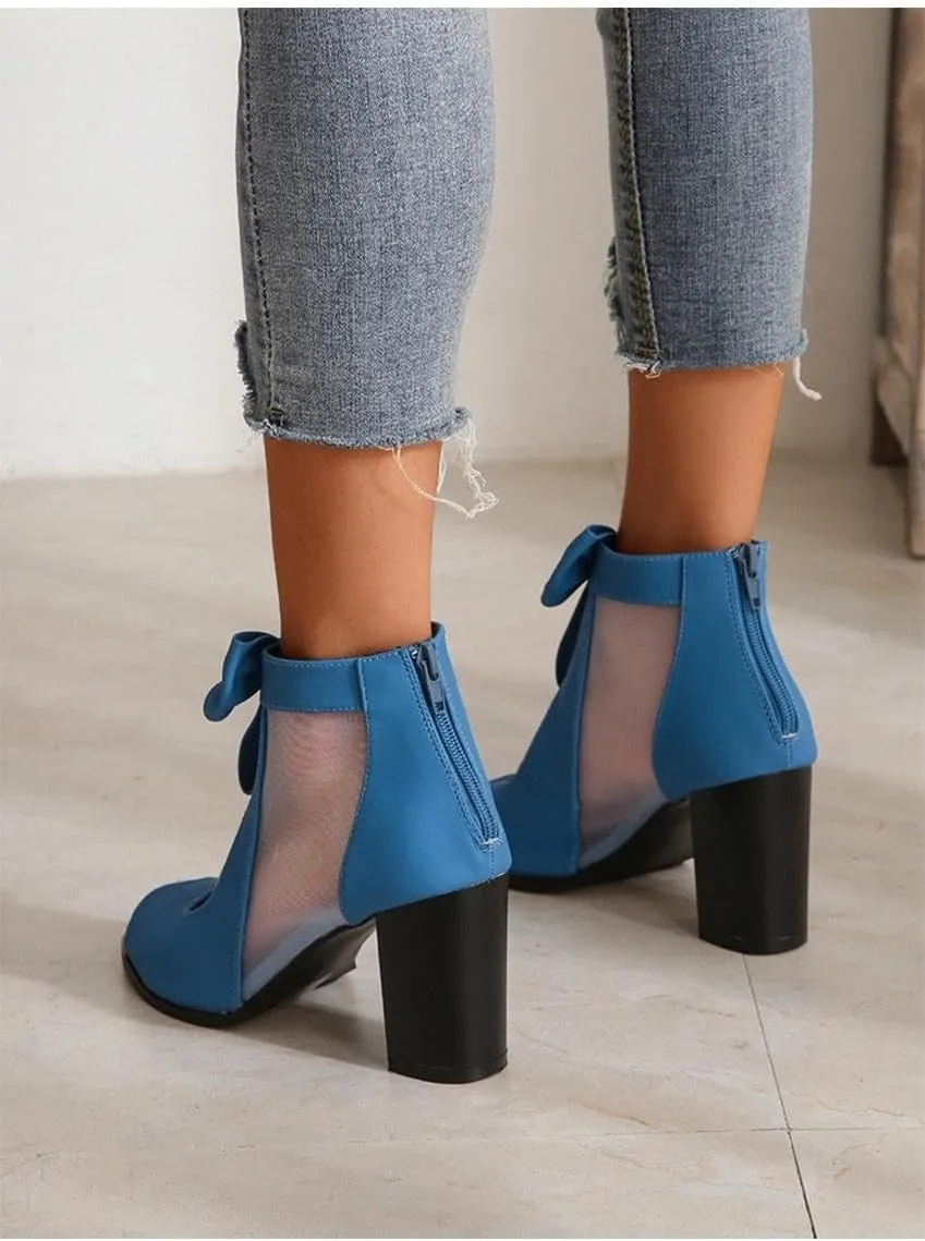 Peep Toe Chunky Block Heel Mesh Sandals Bowtie Cutout Back Zipper Sexy Ankle Boots Sandals Comfortable Dressy Date Business Party Shoes
