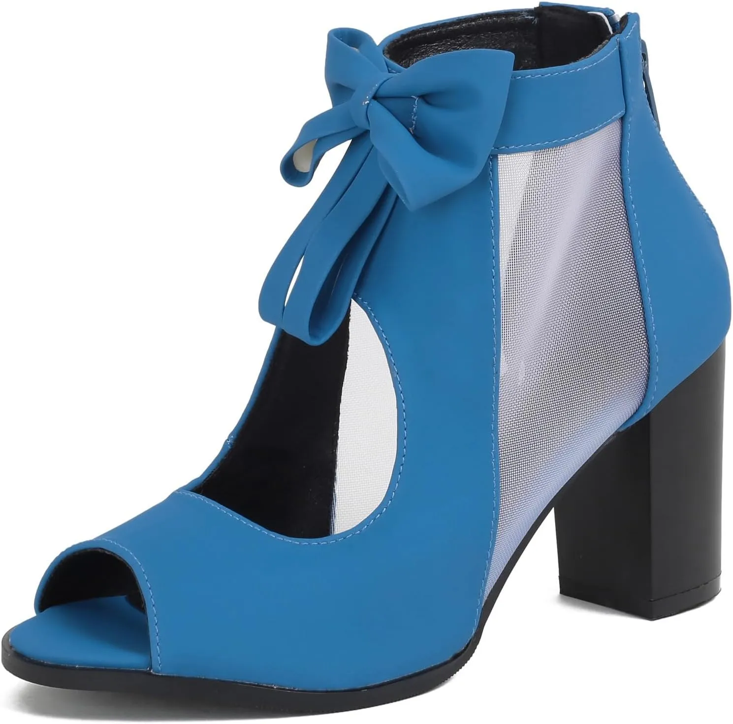 Peep Toe Chunky Block Heel Mesh Sandals Bowtie Cutout Back Zipper Sexy Ankle Boots Sandals Comfortable Dressy Date Business Party Shoes
