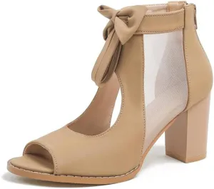 Peep Toe Chunky Block Heel Mesh Sandals Bowtie Cutout Back Zipper Sexy Ankle Boots Sandals Comfortable Dressy Date Business Party Shoes