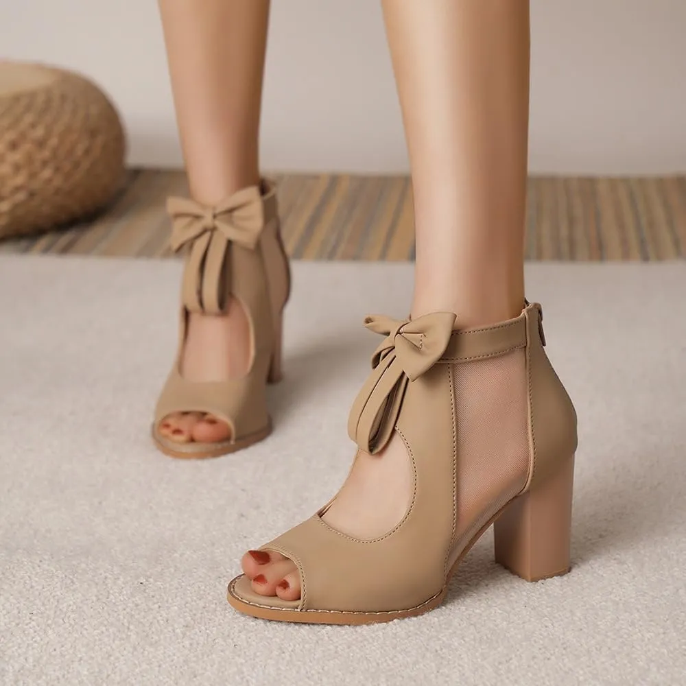 Peep Toe Chunky Block Heel Mesh Sandals Bowtie Cutout Back Zipper Sexy Ankle Boots Sandals Comfortable Dressy Date Business Party Shoes