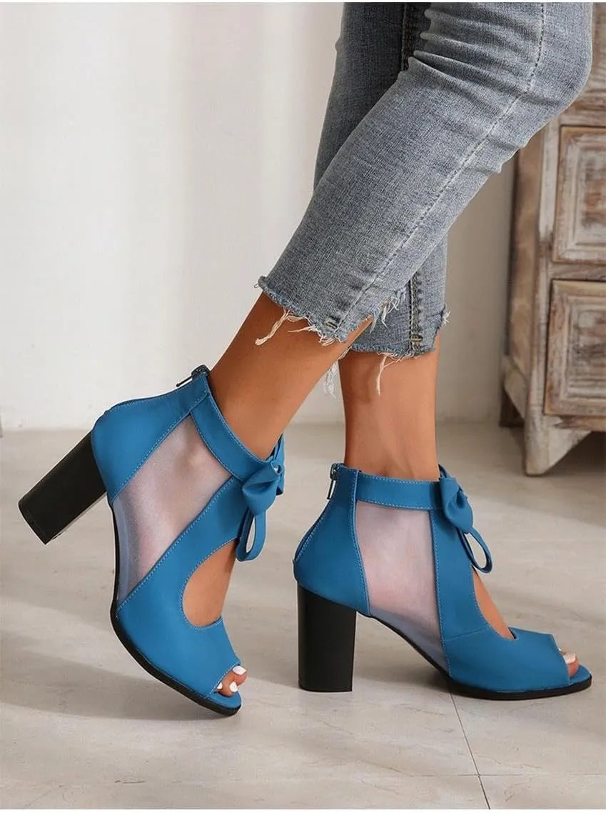 Peep Toe Chunky Block Heel Mesh Sandals Bowtie Cutout Back Zipper Sexy Ankle Boots Sandals Comfortable Dressy Date Business Party Shoes