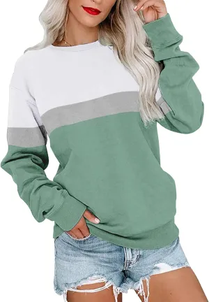 PGANDS Womens Crew Neck Solid/Color Block Sweatshirts Long Sleeve Casual Lightweight Pullover Tops