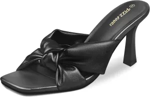 PIZZ ANNU Women's Ariana Knotted Heels Sandals Square Open Toe Heeled Sandal High Stiletto Mules Slip on Comfortable Cute Casual Dress Pumps Shoes