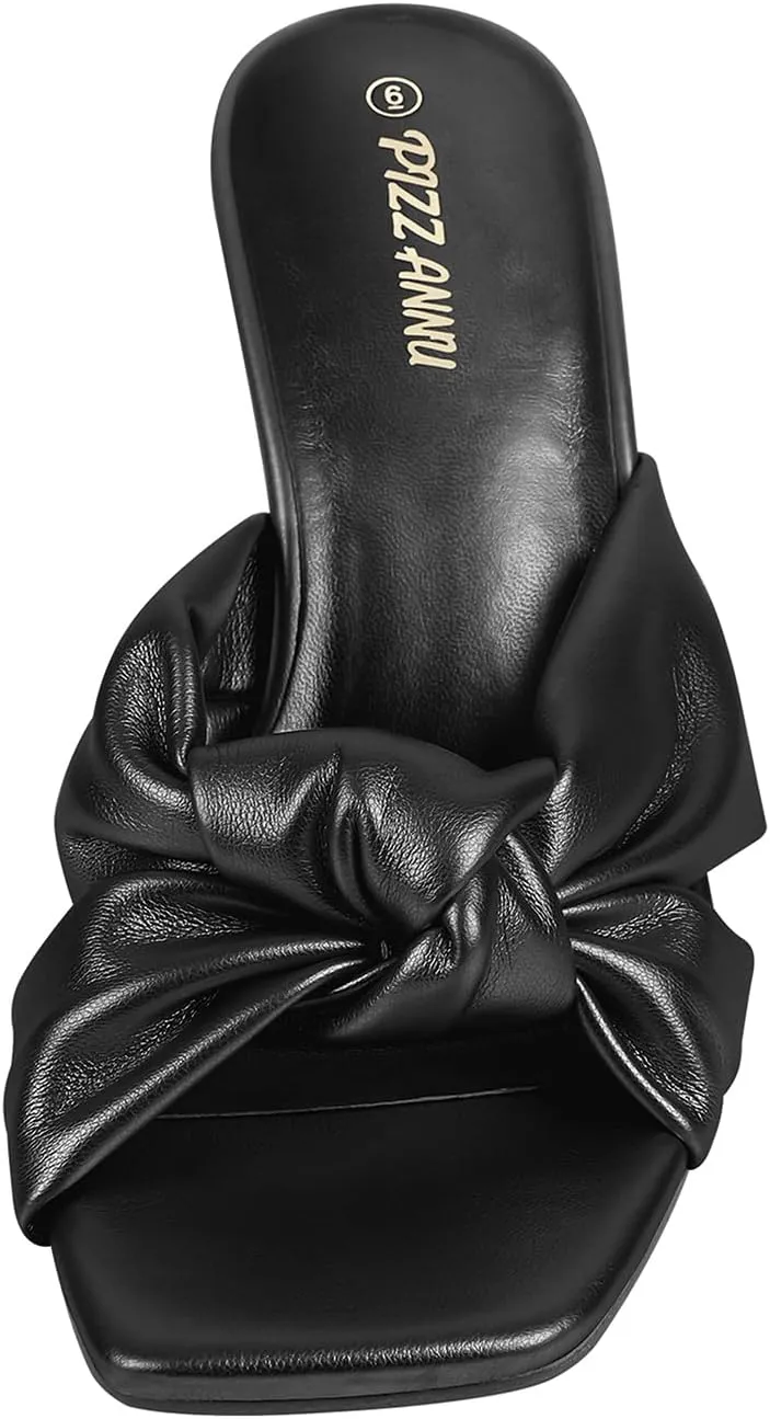 PIZZ ANNU Women's Ariana Knotted Heels Sandals Square Open Toe Heeled Sandal High Stiletto Mules Slip on Comfortable Cute Casual Dress Pumps Shoes