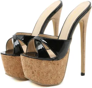 Platform Cork Stiletto Heels Sandals for Women, Open Peep Toe Hollow Super High Heels Pumps Slip on Crisscross Slippers 17.5 CM