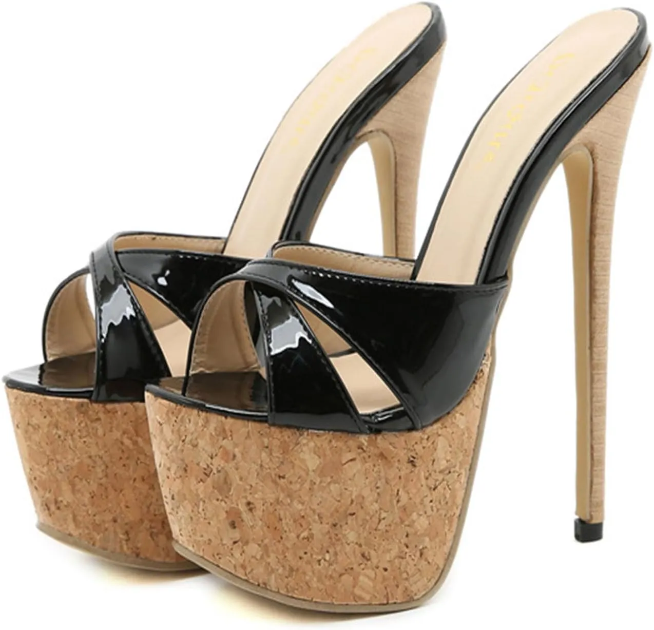 Platform Cork Stiletto Heels Sandals for Women, Open Peep Toe Hollow Super High Heels Pumps Slip on Crisscross Slippers 17.5 CM