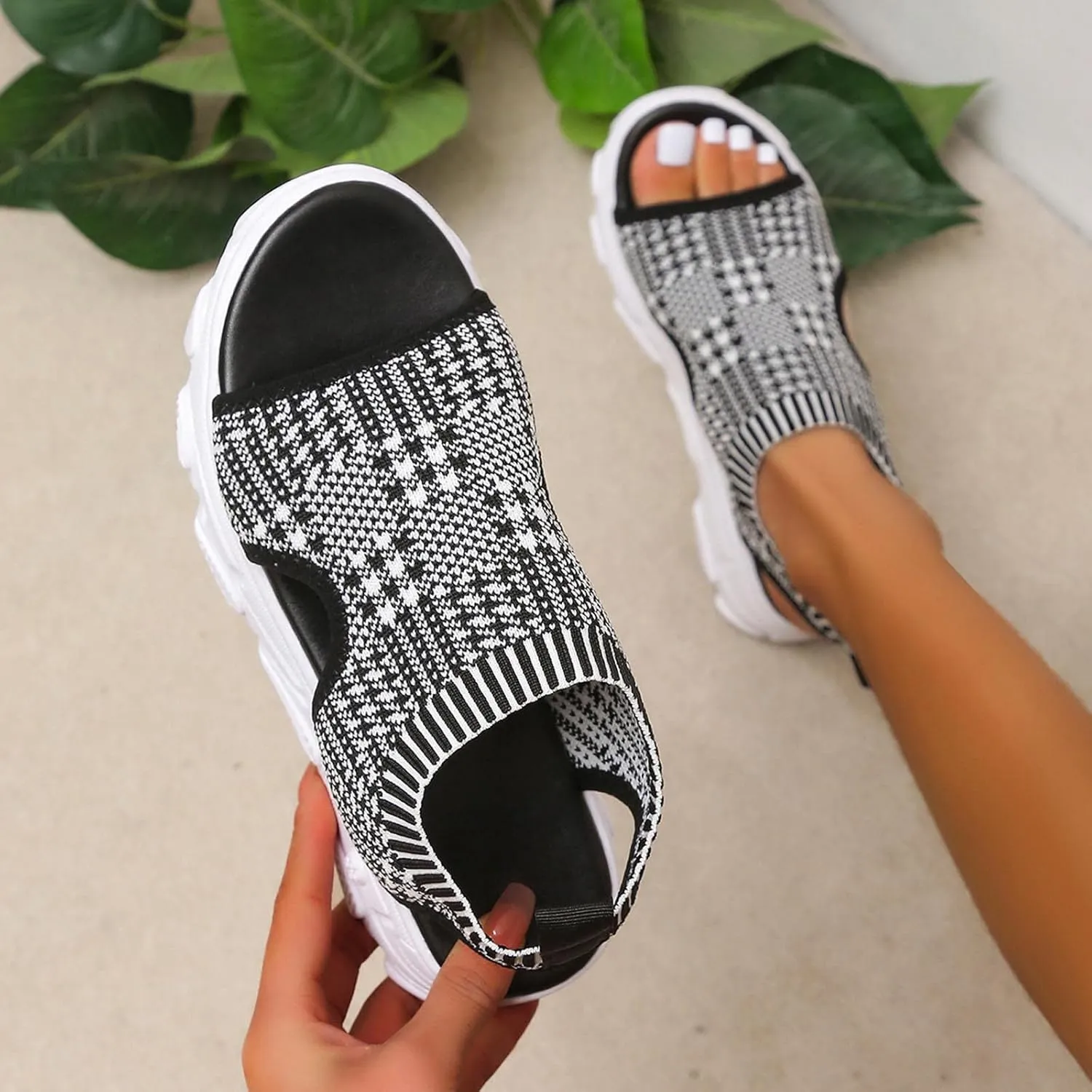 Platform Sandals for Women Casual Summer Fish Mouth Open Toe Slip on Sandals Lightweight Comfortable Net Cloth Hollow Athletic Sandals Outdoor Shoes