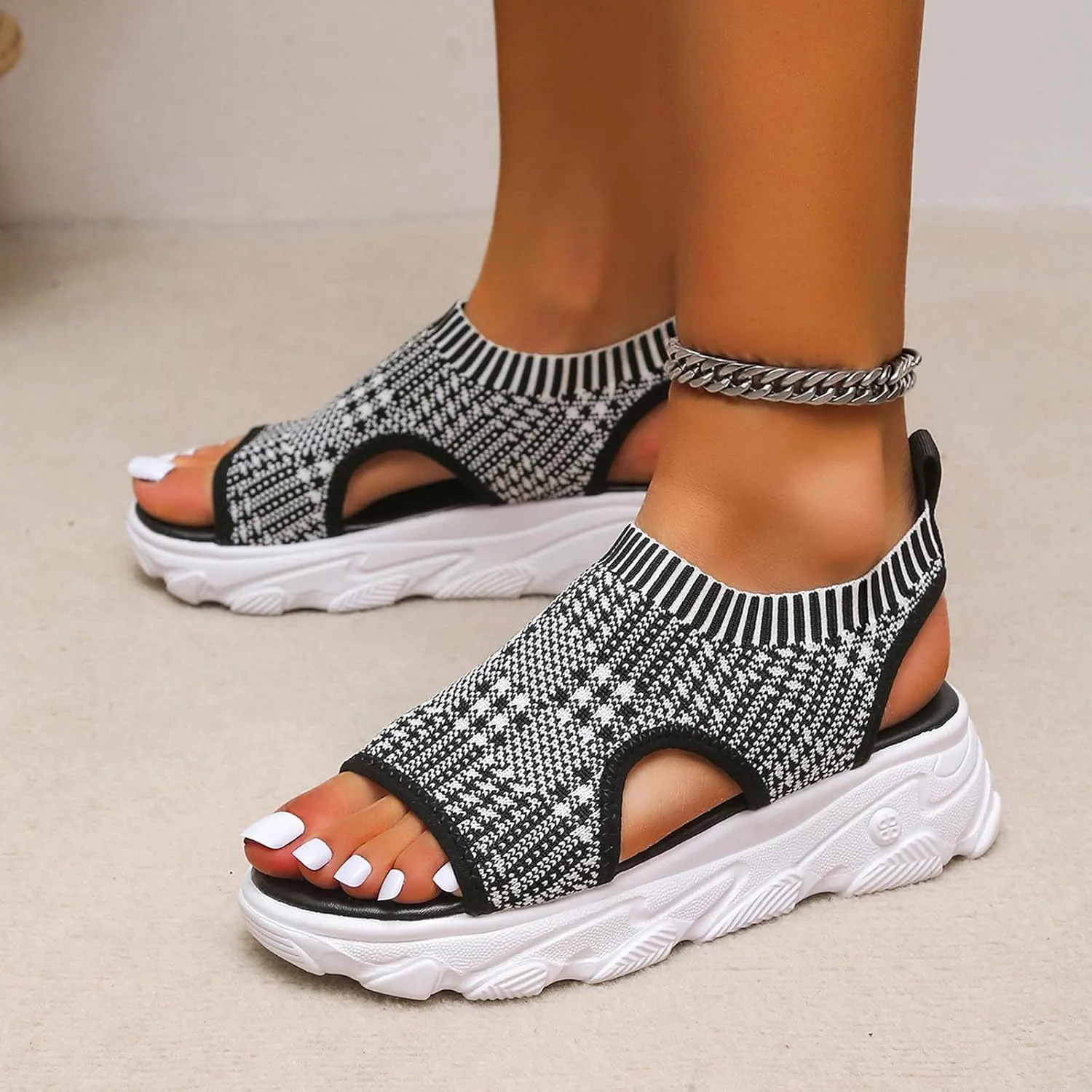 Platform Sandals for Women Casual Summer Fish Mouth Open Toe Slip on Sandals Lightweight Comfortable Net Cloth Hollow Athletic Sandals Outdoor Shoes