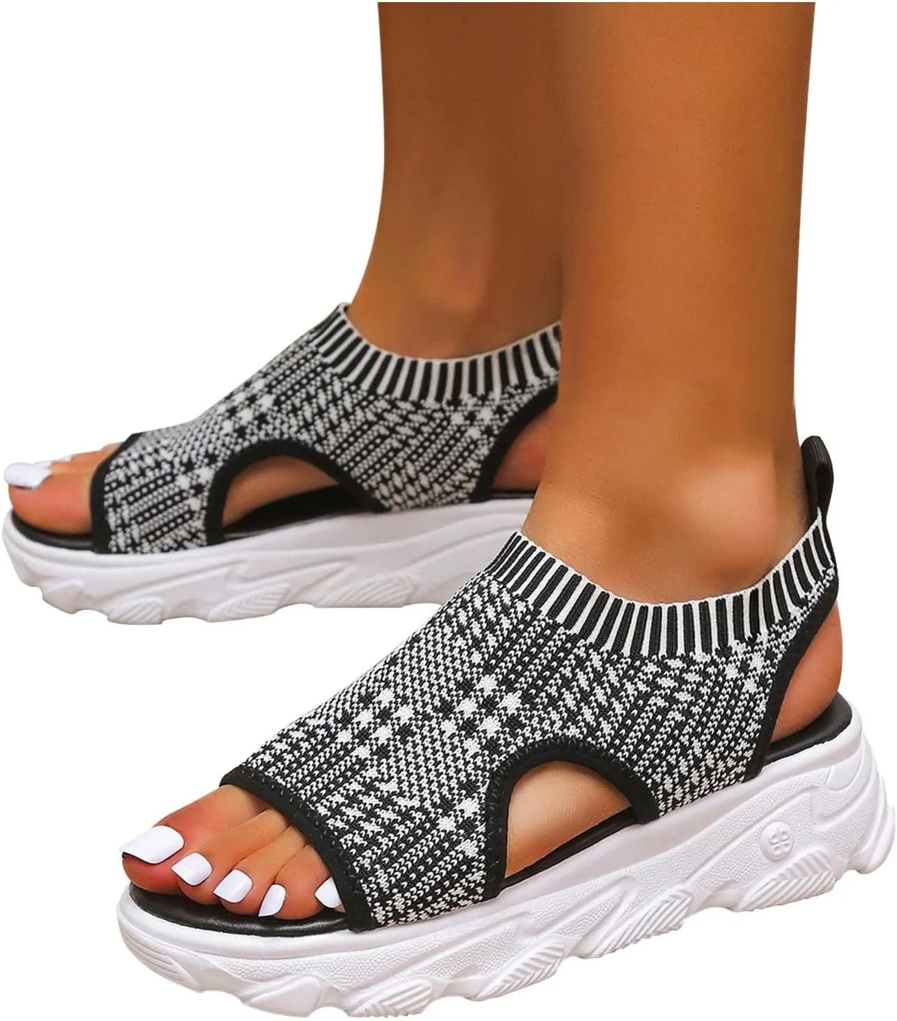 Platform Sandals for Women Casual Summer Fish Mouth Open Toe Slip on Sandals Lightweight Comfortable Net Cloth Hollow Athletic Sandals Outdoor Shoes