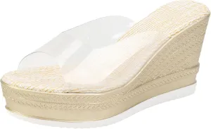 Platform Wedge Sandals Women Open Toe Slip on Clear Strappy Vintage Wedge Sandals Stylish Transparent Dress Shoes Arch Support Comfort Boho Beach Sandals