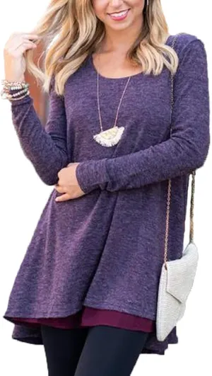 Poetsky Women's Long Sleeve Solid Color Tunic Tops Layered Chiffon Hem Casual Loose Blouse Shirts