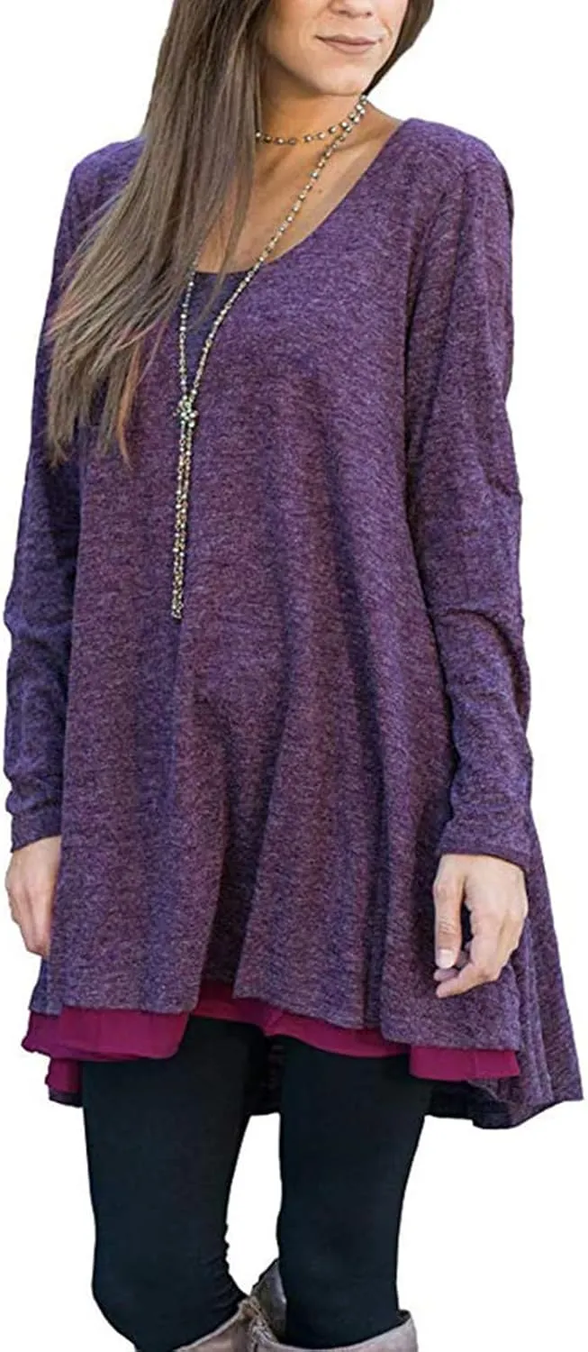 Poetsky Women's Long Sleeve Solid Color Tunic Tops Layered Chiffon Hem Casual Loose Blouse Shirts