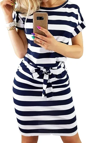 PRETTYGARDEN Women's Summer Short Sleeve Crewneck Striped Dress Basic Solid Tie Waist Office T Shirt Dresses Pockets