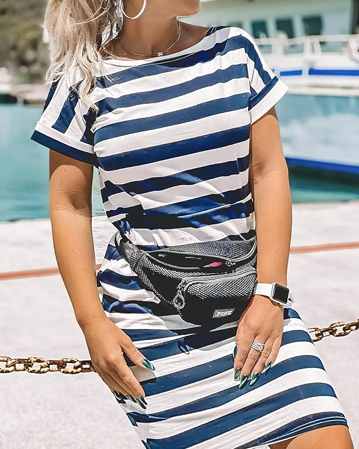 PRETTYGARDEN Women's Summer Short Sleeve Crewneck Striped Dress Basic Solid Tie Waist Office T Shirt Dresses Pockets