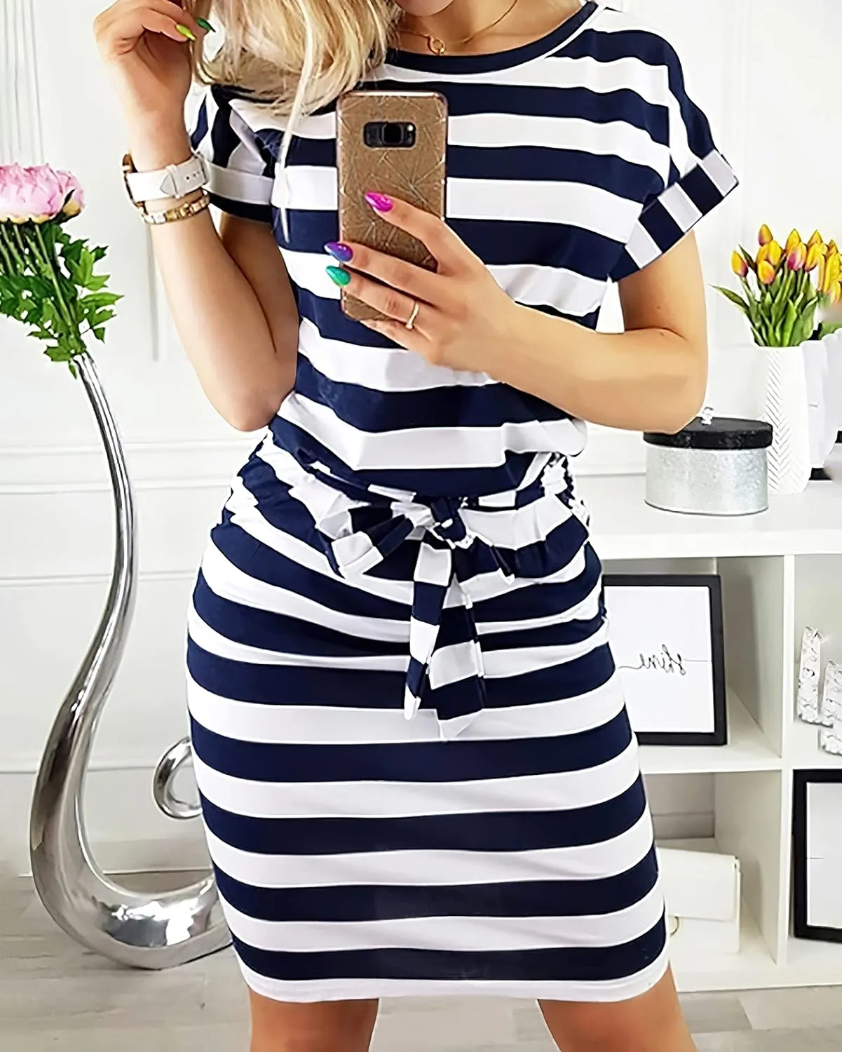 PRETTYGARDEN Women's Summer Short Sleeve Crewneck Striped Dress Basic Solid Tie Waist Office T Shirt Dresses Pockets