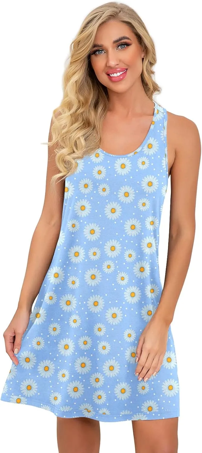PrinStory Women Sleeveless Nightgowns Racerback Sleepdress Cotton Sleepwear for Women