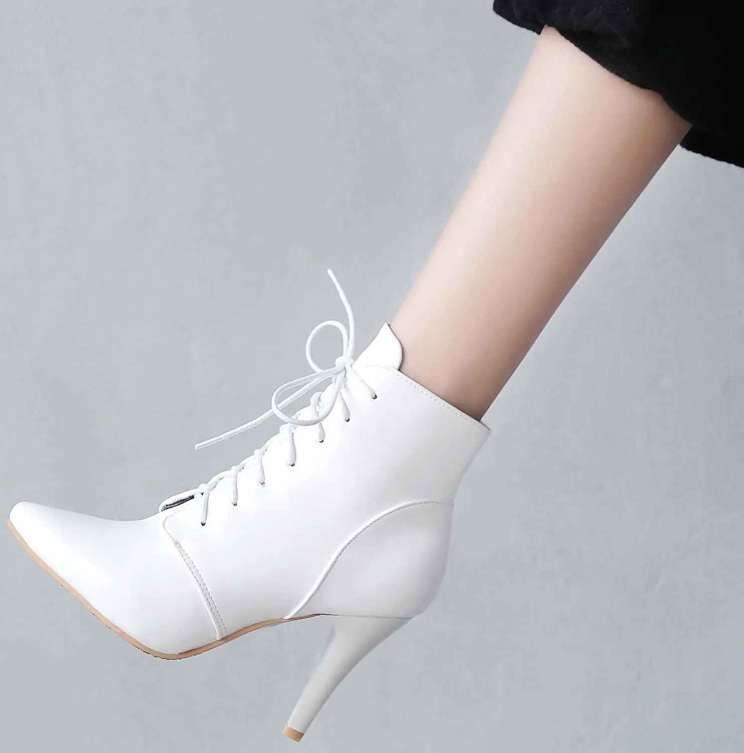 Quimeir Womens Stiletto Ankle Boots Pointed Toe Lace Up High Heel Booties