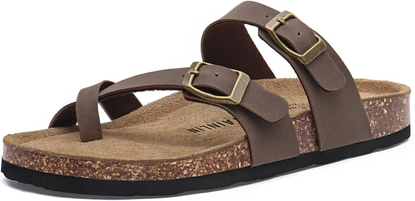 Rainlin Women's Cork Footbed Sandals Comfortable Adjustable Buckle Flat Thong Slide Sandals with Arch Support Flip Flops Brown Size 11