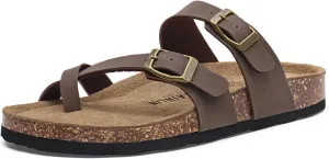 Rainlin Women's Cork Footbed Sandals Comfortable Adjustable Buckle Flat Thong Slide Sandals with Arch Support Flip Flops Brown Size 11