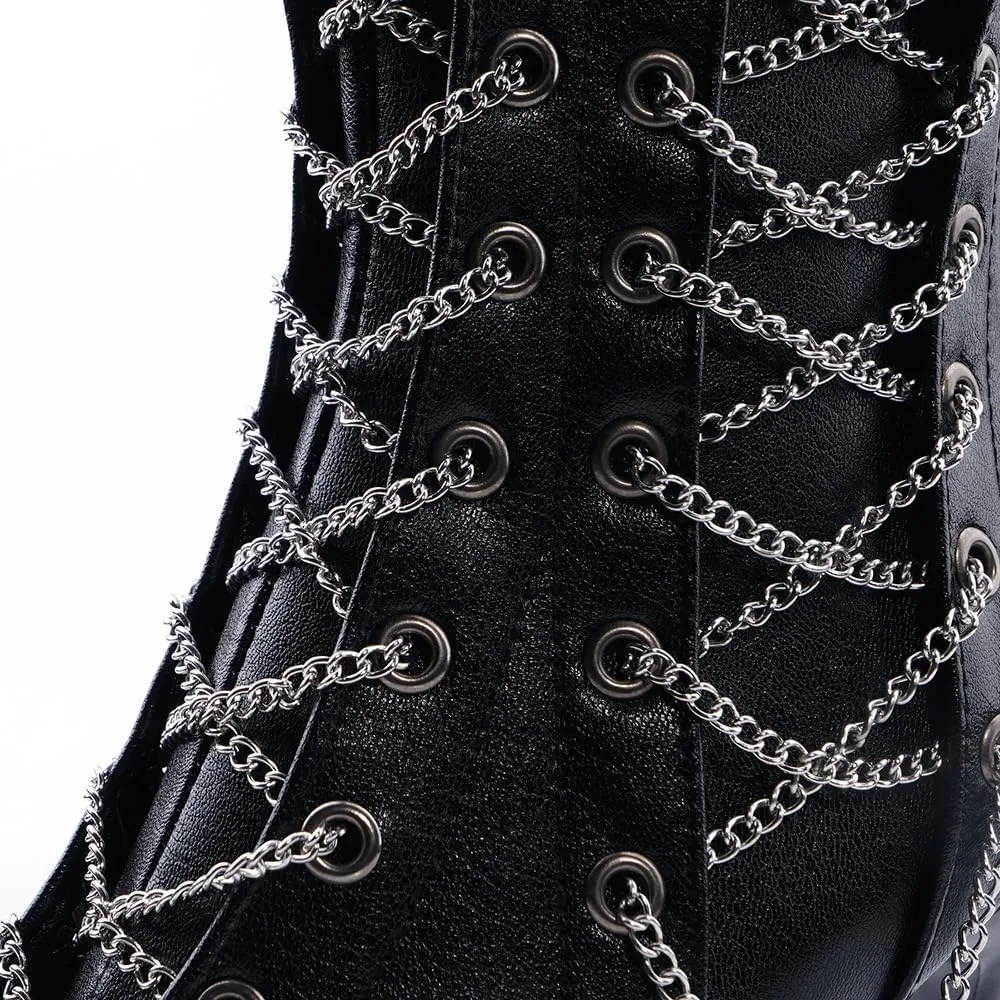 Rave Boots Low Heels with Chains for Women Cute Kawaii Goth Emo Grunge Comfy Casual Non Slip Walking Shoes Festivals Parties Daily Wear Outdoors Gifts