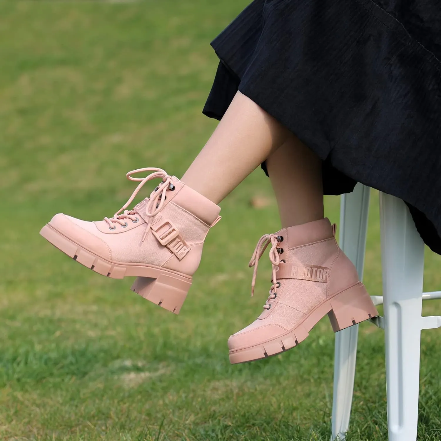 REDTOP Women's Combat Boots Chunky Lug Sole Ankle Boots Lace Up Buckle Casual Shoes