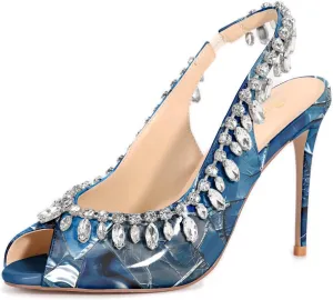 Reindee Lusion Womens High Stiletto Heels Crystal Printed Peep Toe Sexy Sling Back Pumps Shoes