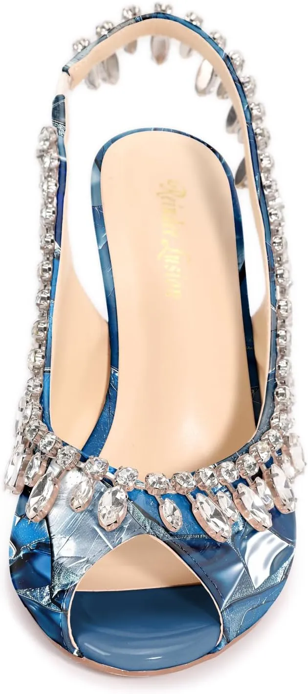 Reindee Lusion Womens High Stiletto Heels Crystal Printed Peep Toe Sexy Sling Back Pumps Shoes