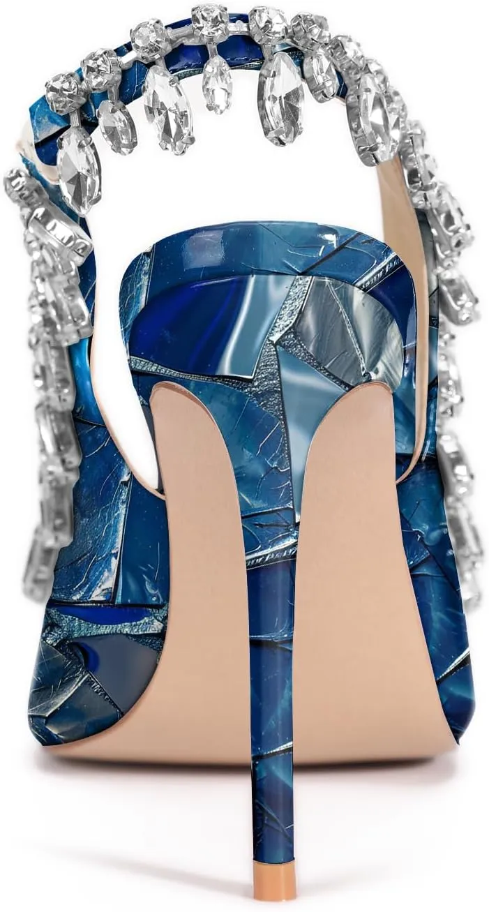 Reindee Lusion Womens High Stiletto Heels Crystal Printed Peep Toe Sexy Sling Back Pumps Shoes