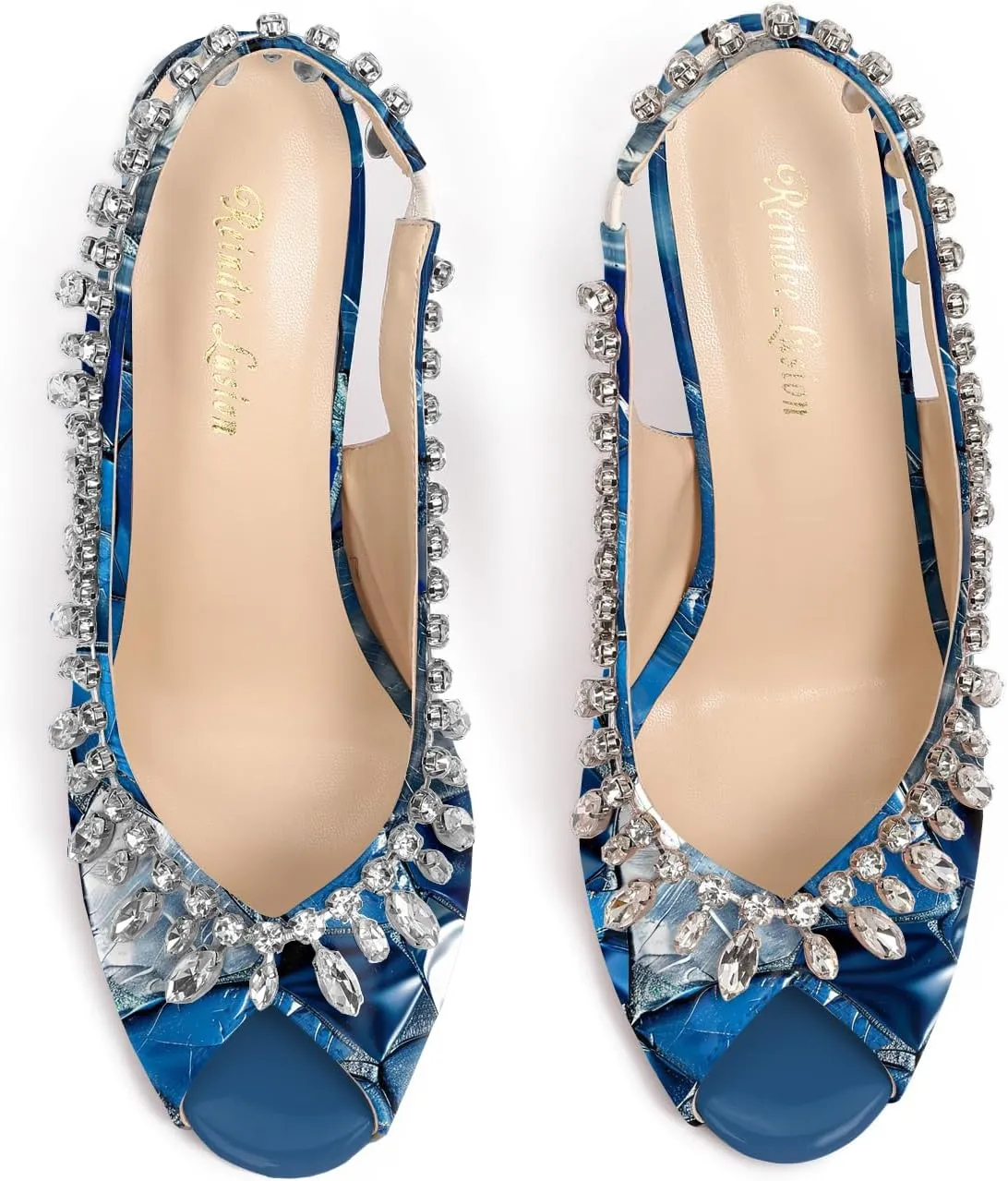 Reindee Lusion Womens High Stiletto Heels Crystal Printed Peep Toe Sexy Sling Back Pumps Shoes