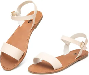 Rekayla Flat Faux Leather Ankle Strap and Adjustable Buckle Sandals for Women