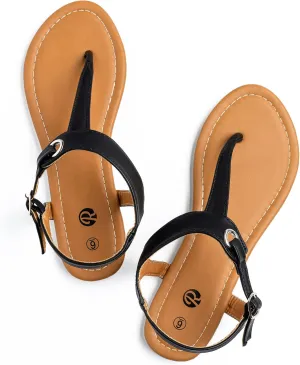 Rekayla Flat Thong Sandals with T-Strap and Adjustable Ankle Buckle for Women