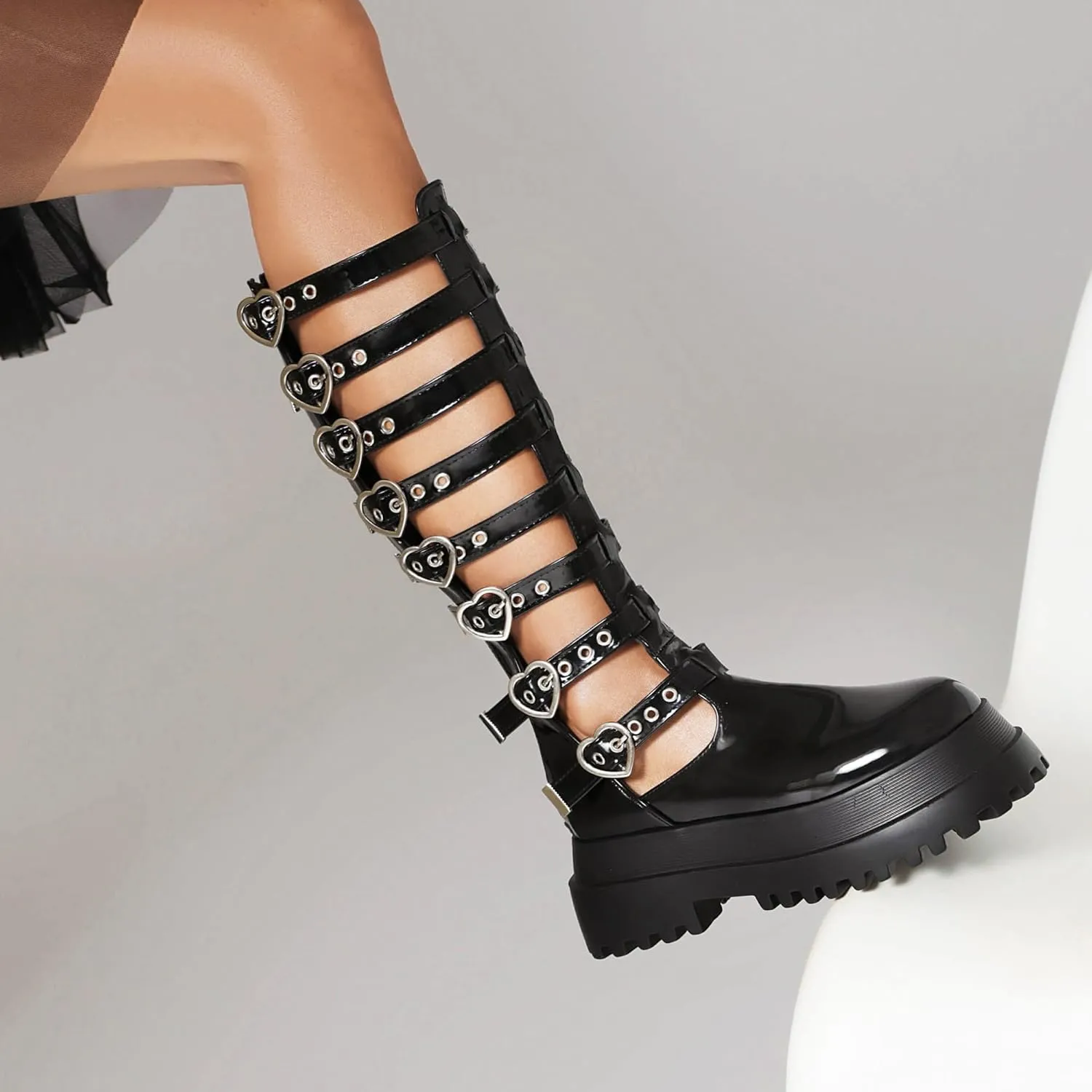 Retro Women's Gladiator Sandals Combat Buckle Cut-out Platform Knee High Sandals for Women