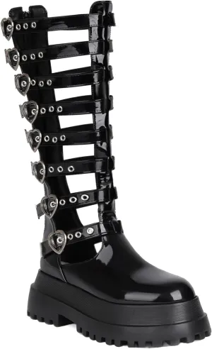 Retro Women's Gladiator Sandals Combat Buckle Cut-out Platform Knee High Sandals for Women
