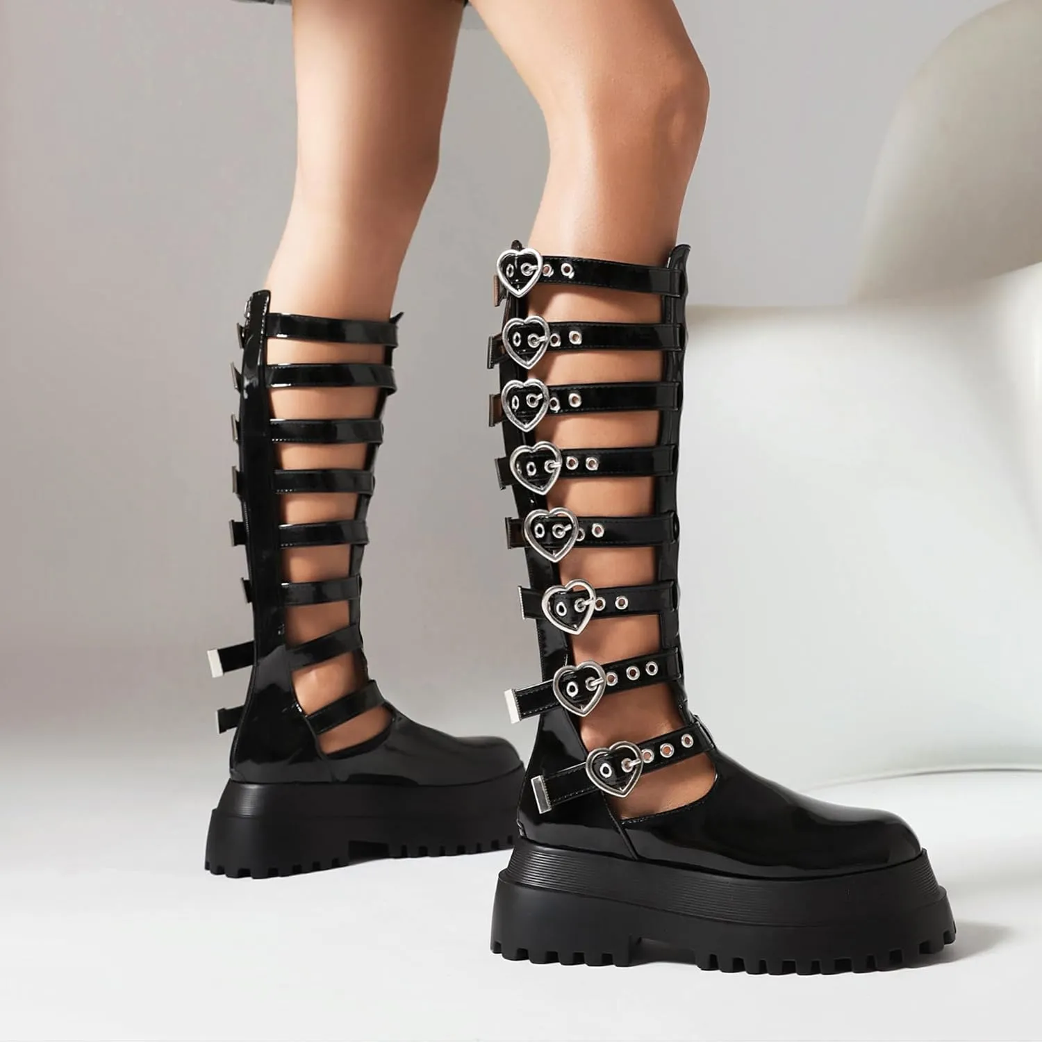 Retro Women's Gladiator Sandals Combat Buckle Cut-out Platform Knee High Sandals for Women