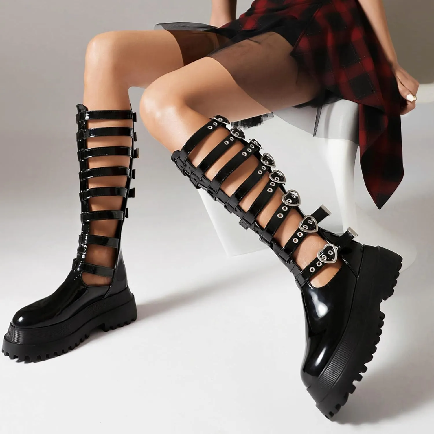 Retro Women's Gladiator Sandals Combat Buckle Cut-out Platform Knee High Sandals for Women