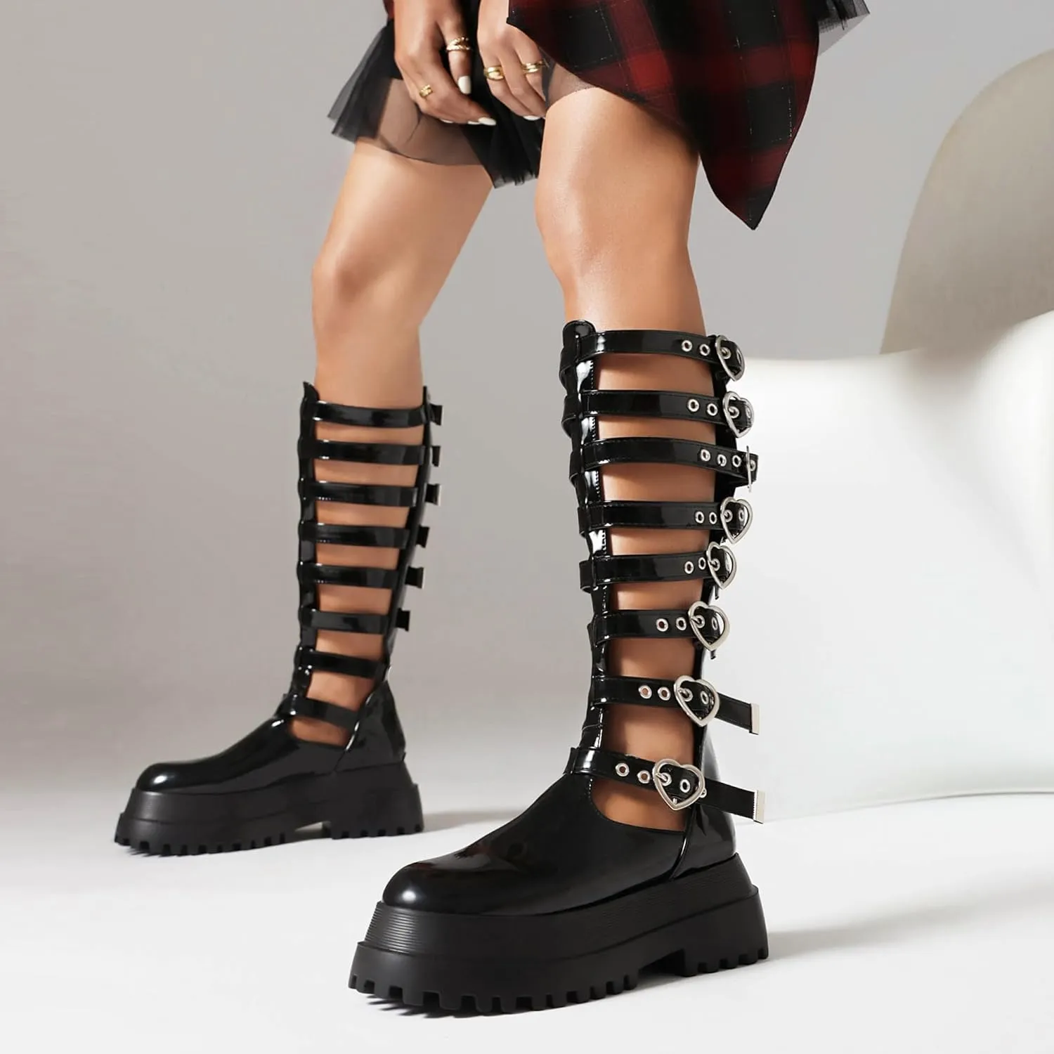 Retro Women's Gladiator Sandals Combat Buckle Cut-out Platform Knee High Sandals for Women