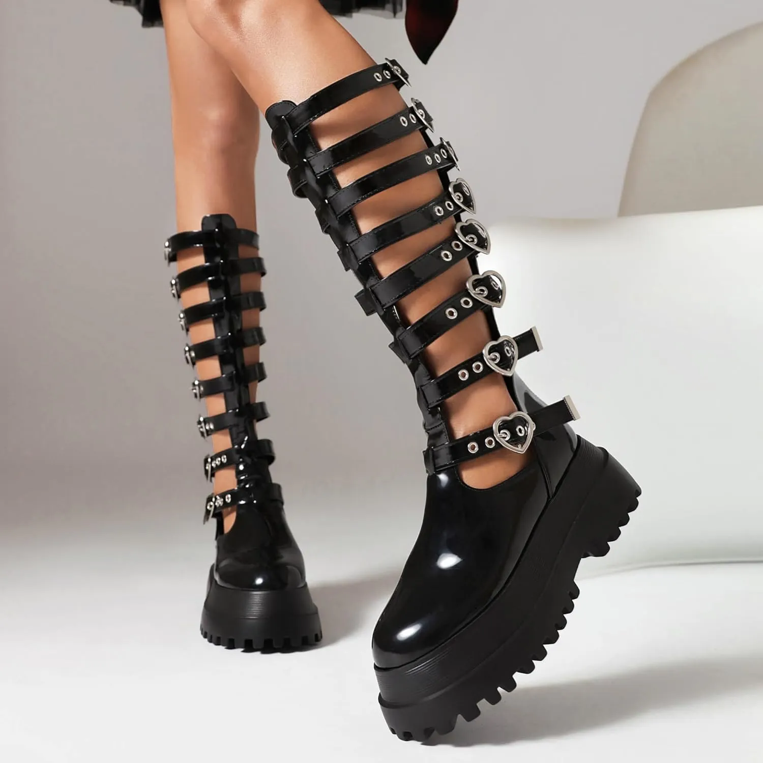 Retro Women's Gladiator Sandals Combat Buckle Cut-out Platform Knee High Sandals for Women