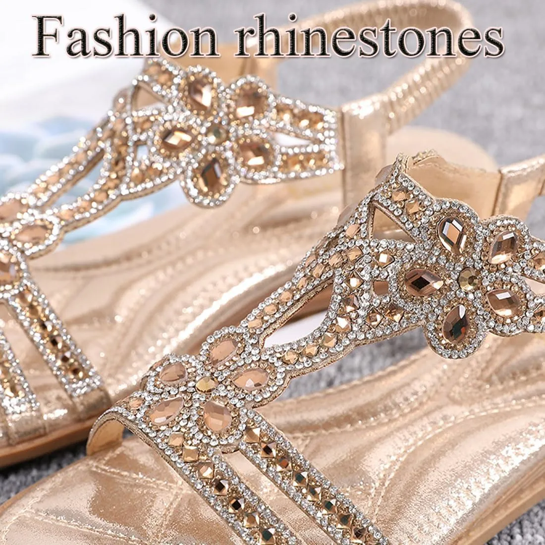 Rhinestone Sandals for Women, Flower Ankle Strap Elastic T-Strap Sandals, Trendy Sparkling Boho Ladies' Flat Sandal