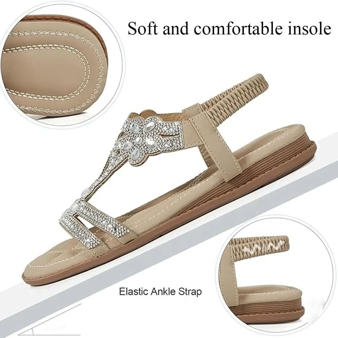 Rhinestone Sandals for Women, Flower Ankle Strap Elastic T-Strap Sandals, Trendy Sparkling Boho Ladies' Flat Sandal