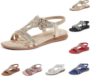 Rhinestone Sandals for Women, Flower Ankle Strap Elastic T-Strap Sandals, Trendy Sparkling Boho Ladies' Flat Sandal