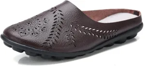 RiceelSor Women All-Match Hollow Breathable Flats Summer Slippers,Slip-on Round Toe Non-slip Softsole Lightweight Comfortable Orthotic Dressy Leather Loafer