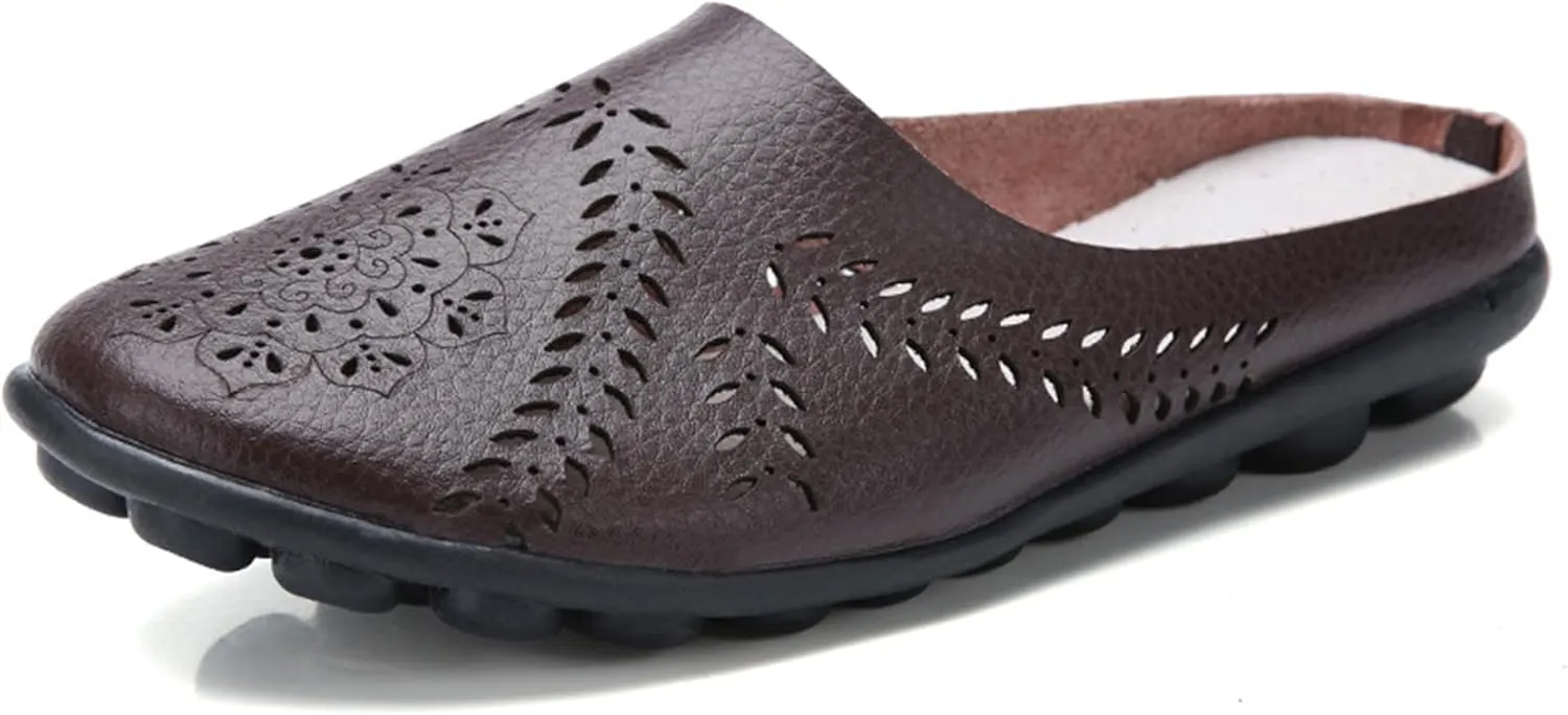 RiceelSor Women All-Match Hollow Breathable Flats Summer Slippers,Slip-on Round Toe Non-slip Softsole Lightweight Comfortable Orthotic Dressy Leather Loafer