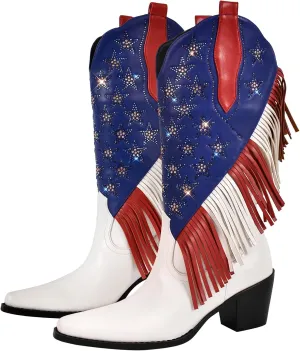 richealnini Mid Calf Fringe Cowboy Boots Glitter Rhinestone Western Cowgirl Boots with Tassel Pull On Stacked Heels Prom Wedding Shoes Dressy