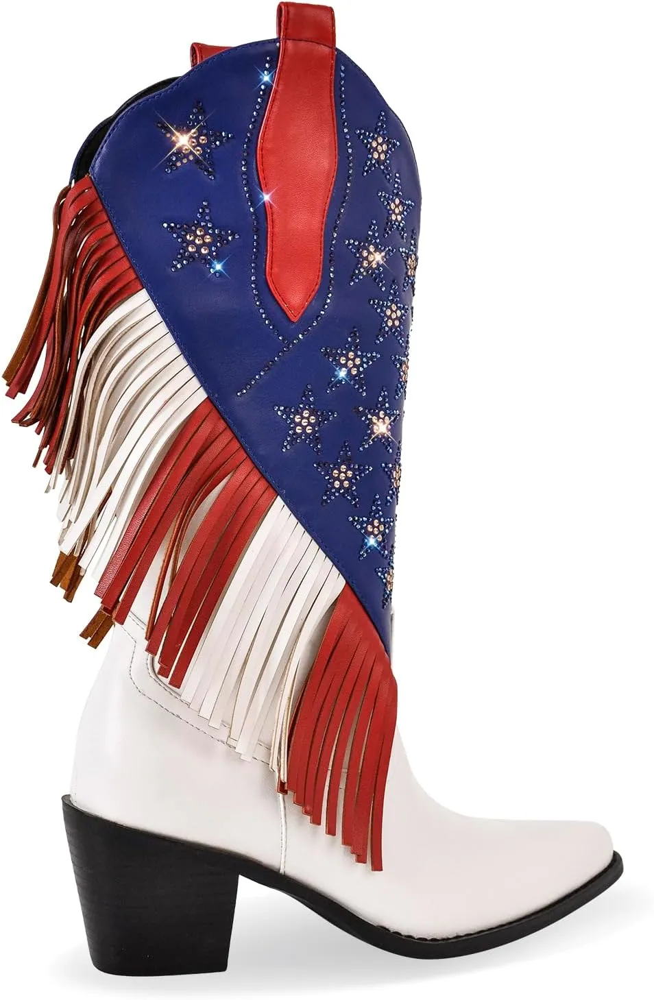 richealnini Mid Calf Fringe Cowboy Boots Glitter Rhinestone Western Cowgirl Boots with Tassel Pull On Stacked Heels Prom Wedding Shoes Dressy