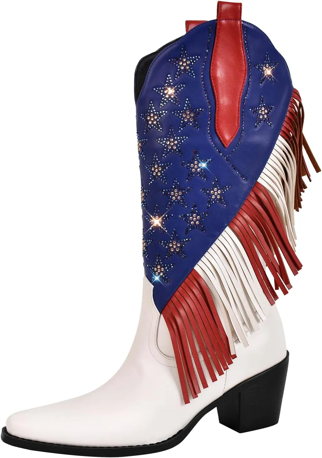 richealnini Mid Calf Fringe Cowboy Boots Glitter Rhinestone Western Cowgirl Boots with Tassel Pull On Stacked Heels Prom Wedding Shoes Dressy