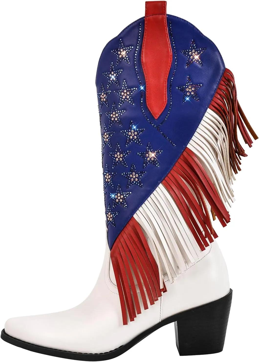 richealnini Mid Calf Fringe Cowboy Boots Glitter Rhinestone Western Cowgirl Boots with Tassel Pull On Stacked Heels Prom Wedding Shoes Dressy