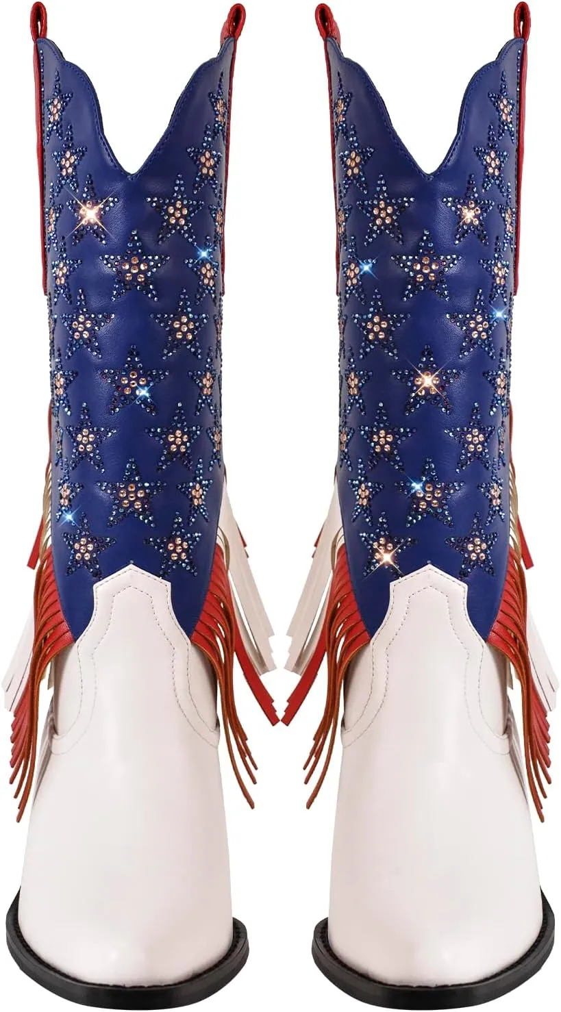 richealnini Mid Calf Fringe Cowboy Boots Glitter Rhinestone Western Cowgirl Boots with Tassel Pull On Stacked Heels Prom Wedding Shoes Dressy