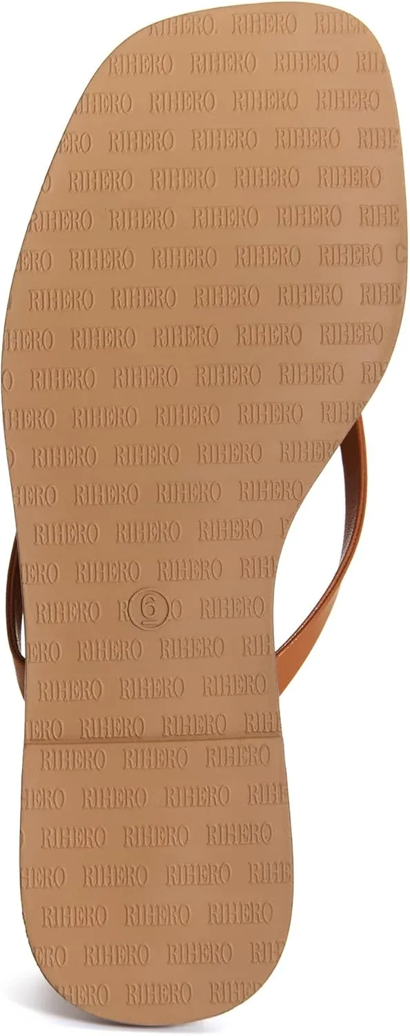 Rihero Flip Flops for Women Comfortable Square Toe Beach Sandals Slip On Leather Thong Flat Sandals Dressy